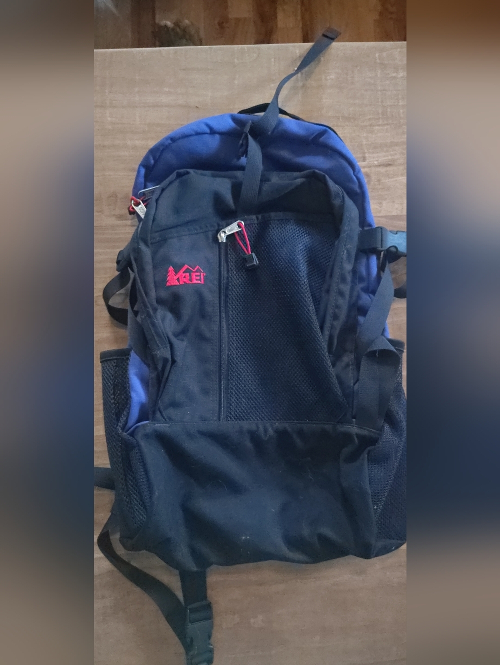 REI Black and Blue Hiking Backpack with Red Logo